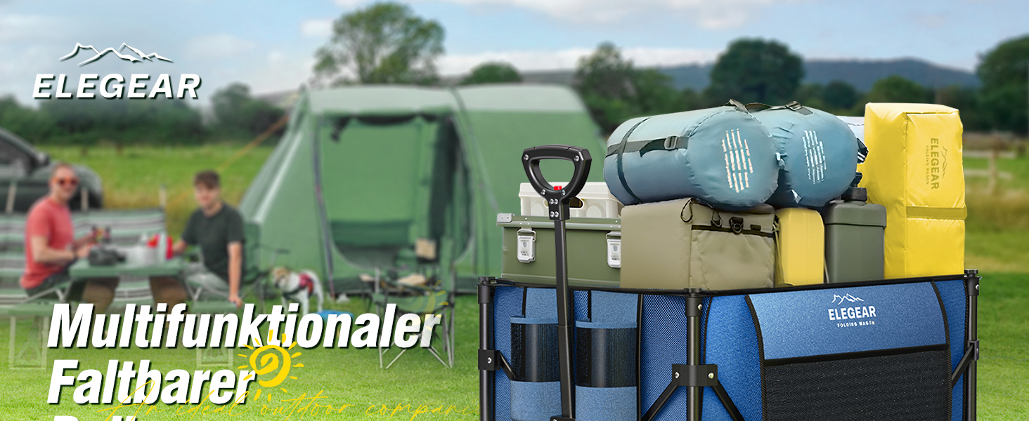 Універсальний складаний візок Elegear Bollerwagen 150L для пляжу, саду, кемпінгу, синій - вантажопідйомність 150 кг, 2 тримачі для напоїв, бічні кишені, гальма