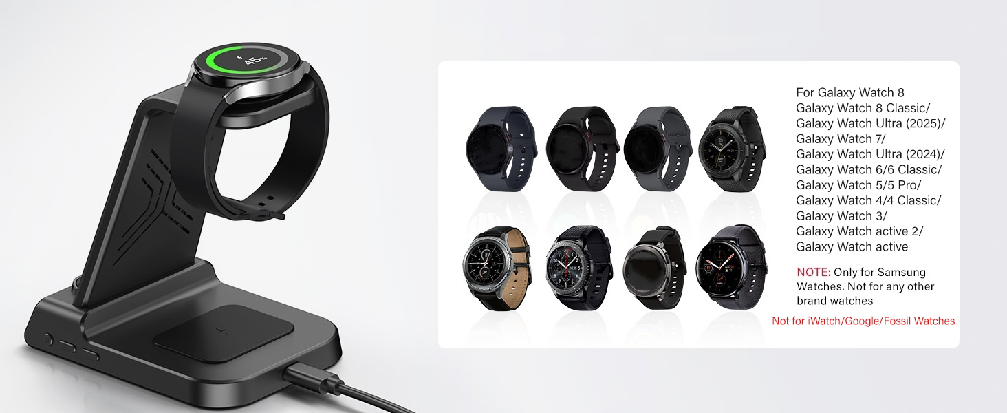 Бездротова зарядка 3-в-1 для Samsung Galaxy S25 Ultra, Watch 8/Ultra/7/6, Buds 3/3 Pro. Підтримка моделей S25/S24/S23, Z Flip 7/Fold 6