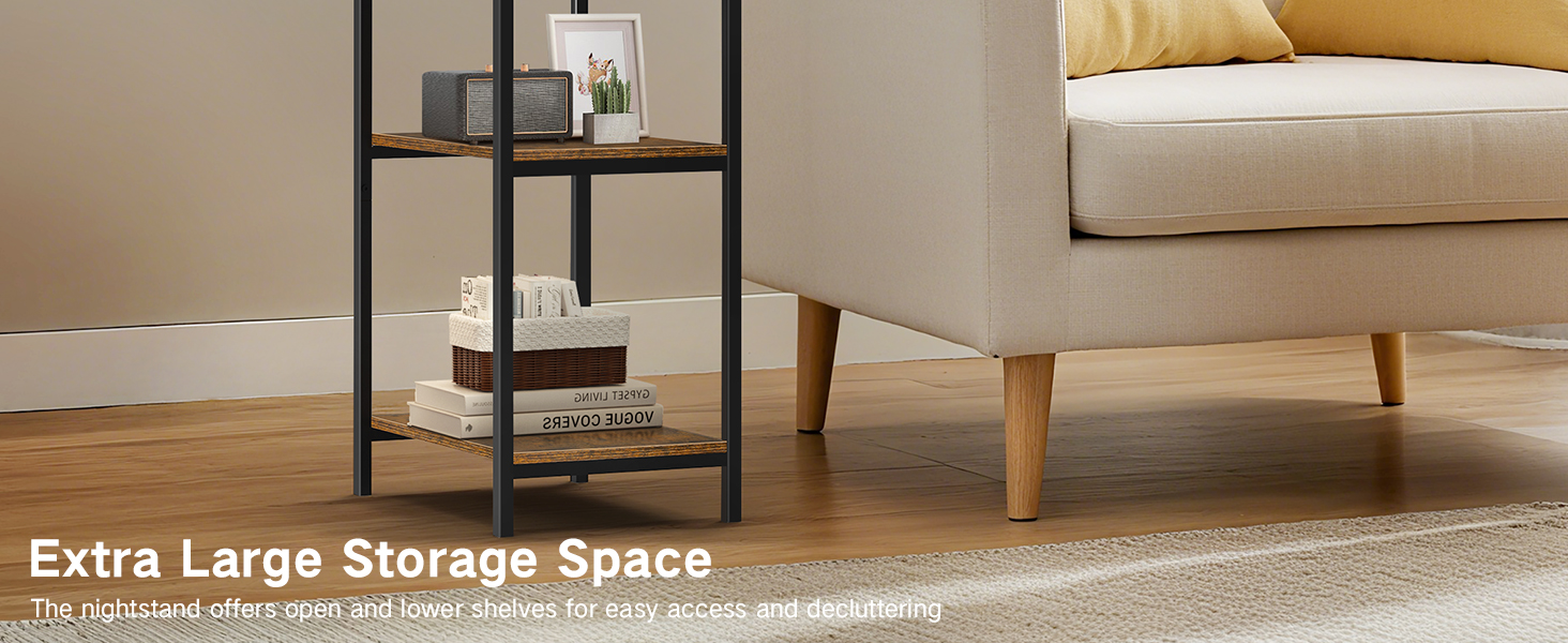 Стійка лампа для вітальні з поличкою та столом, регульована LED лампа з пультом, 3 колірні температури, приліжний столик з функцією зарядки та полицею, дерев'яний столик для спальні, офісу, коричневий в стилі рустік