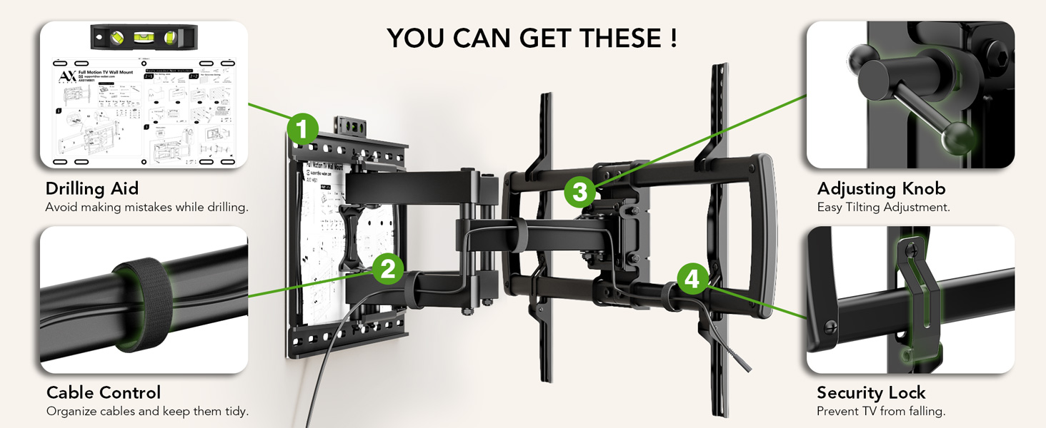 Adjustable TV Wall Mount for LED, LCD, OLED, and Plasma TVs - 26-65 Inch, Up to 50kg, VESA 400x400mm, Black