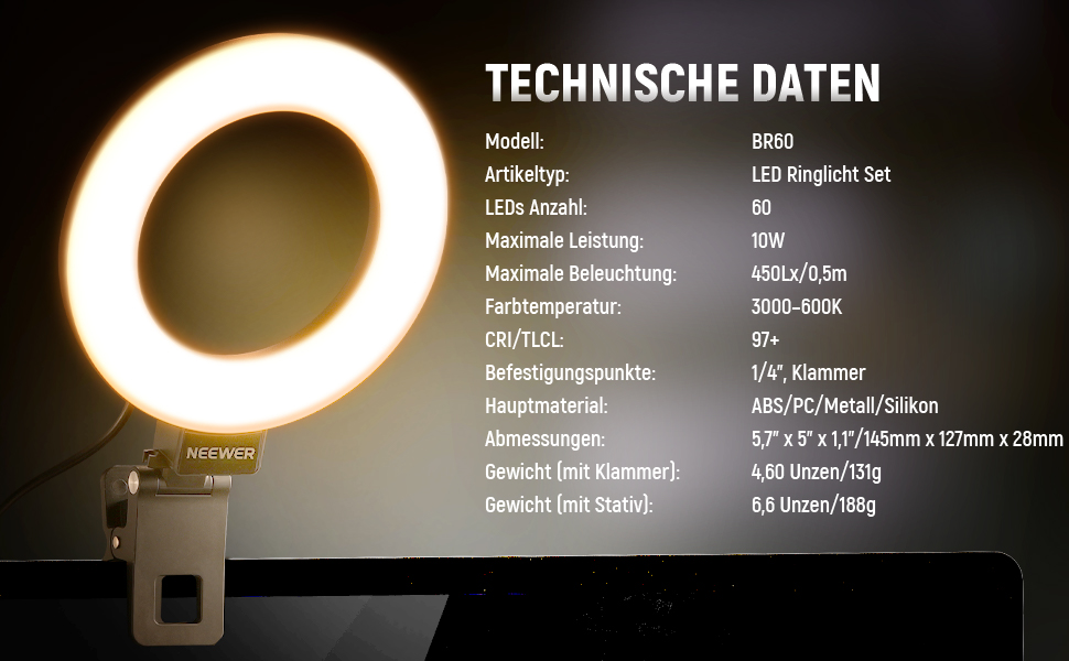 NEEWER Ring Light 5' з міні-штативом для відеоконференцій, стрімінгу та макіяжу. Комплект для монітора, веб-камери, ноутбука, смартфону. BR60