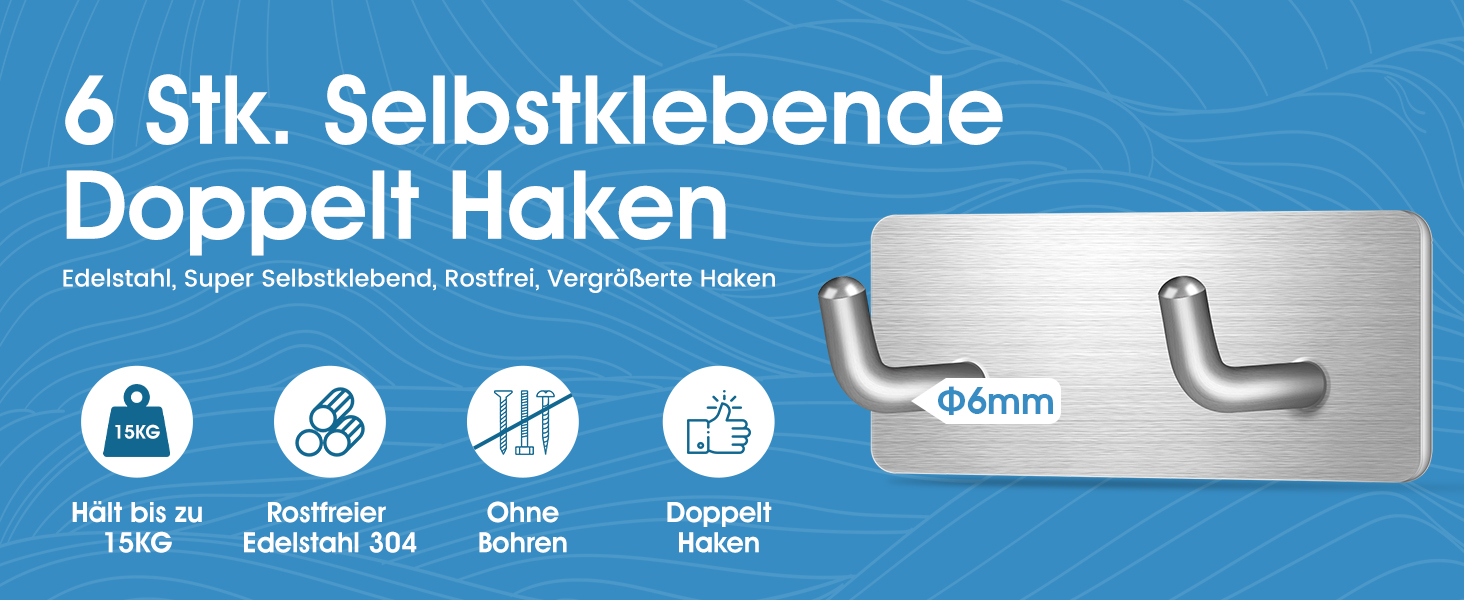 Набір гачків для рушників без свердління, 10 шт., самоклеючі гачки з нержавіючої сталі 304, надміцні клейкі гачки для великих предметів, гачки для стін без свердління для ванної, туалету та кухні, стійкі до корозії, гачки для рушників (подвійні *6)