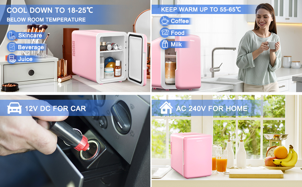 Портативний міні-холодильник 6л/9 банок: охолодження та підігрів для косметики, напоїв, їжі. Рожевий