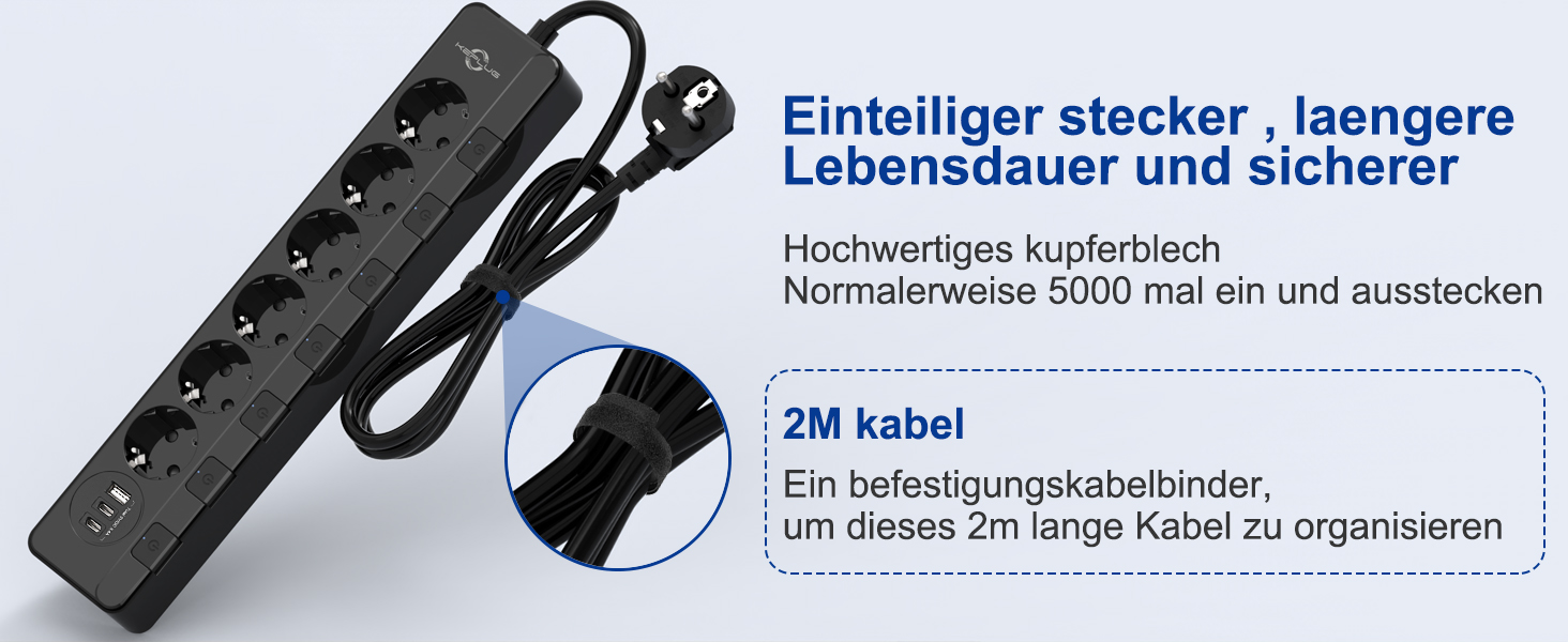 Мережевий фільтр KEPLUG з USB, 4000W, 16A, 6 розеток, 2м кабель, захист від перенапруги, дитячий захист, чорний