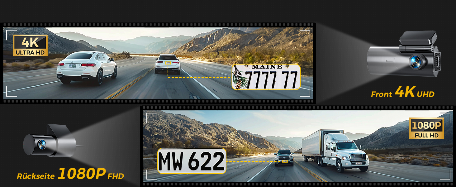 Відеореєстратор GKU Dashcam Auto: 4K+1080P, WiFi 2.4/5GHz, SD 64GB, Паркувальний режим, Нічне бачення, WDR, 170° Кут огляду, G-сенсор, Циклічна запис, Керування через APP, Чорний