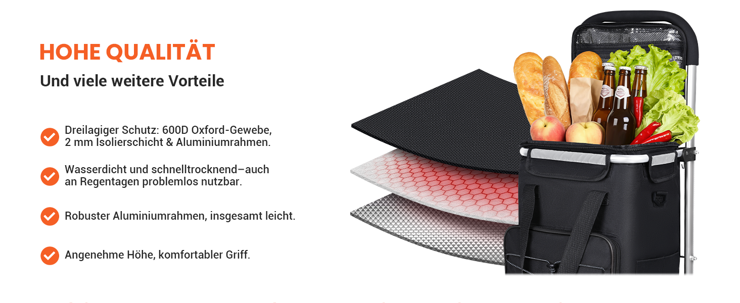 YEAUPE PRO Кухоль-тележка 3в1 з термоізольованим відділенням, 50л, знімний мішок, вантажопідйомність до 25кг, бічні кишені та відкривачка для пляшок (Чорний), не складається