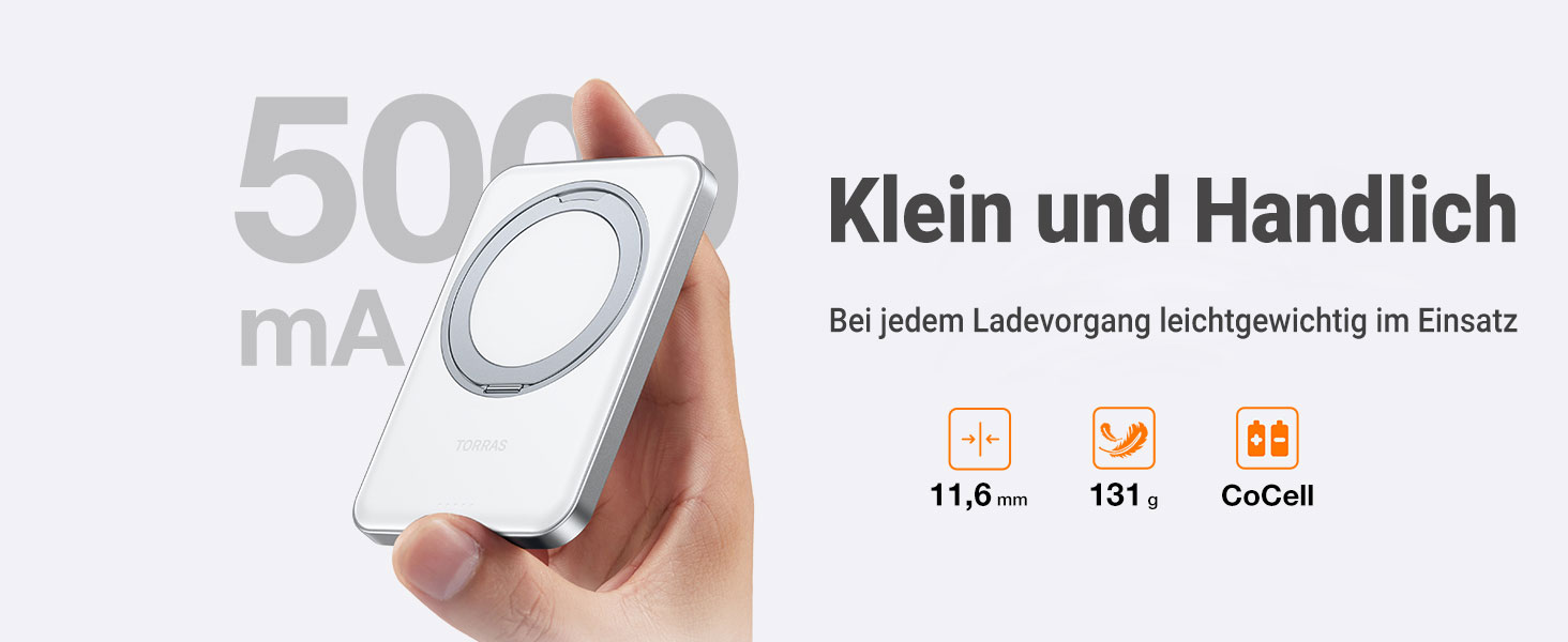 Портативний зарядний акумулятор TORRAS MagSafe 5000mAh з кільцем для iPhone 16/15/14/13/12. Бездротова зарядка, USB-C, швидка зарядка, білий