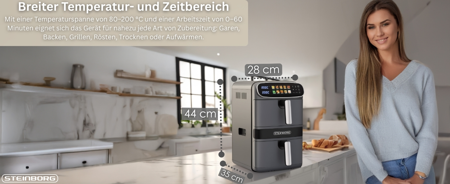 Фритюрниця Steinborg® Heißluft XXL 12 літрів з подвійною камерою, 6+6 літрів, для смаження, запікання, сушіння та грилю без олії