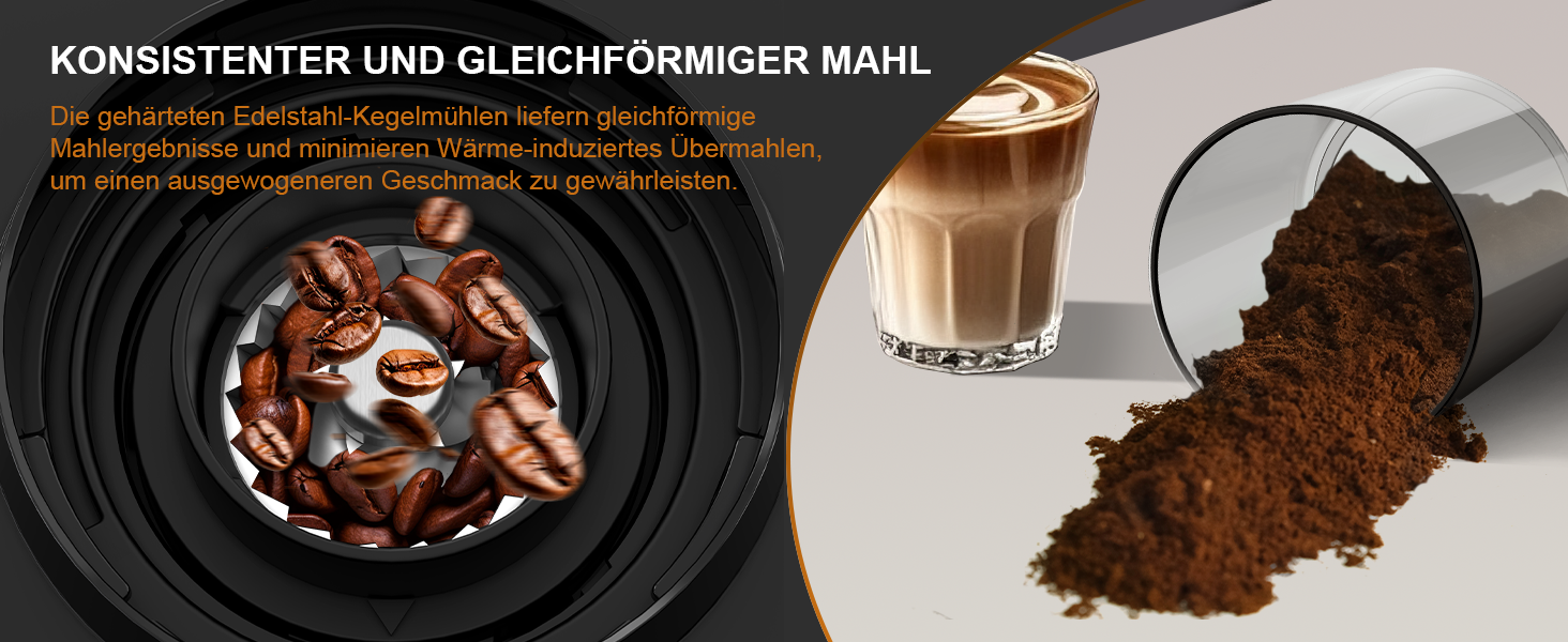 Електрична кавомолка з конічним жорнами – 25 ступенів помолу для еспресо, фільтр-кави, френч-прес, сенсорне управління, антистатична, чорна