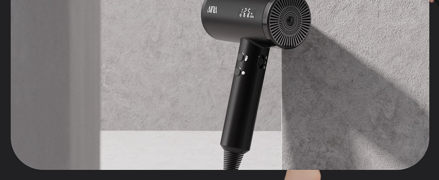Професійний фен для волосся AINA 2300W з дифузором, іонізацією та LED-дисплеєм, 4 насадки (чорний)
