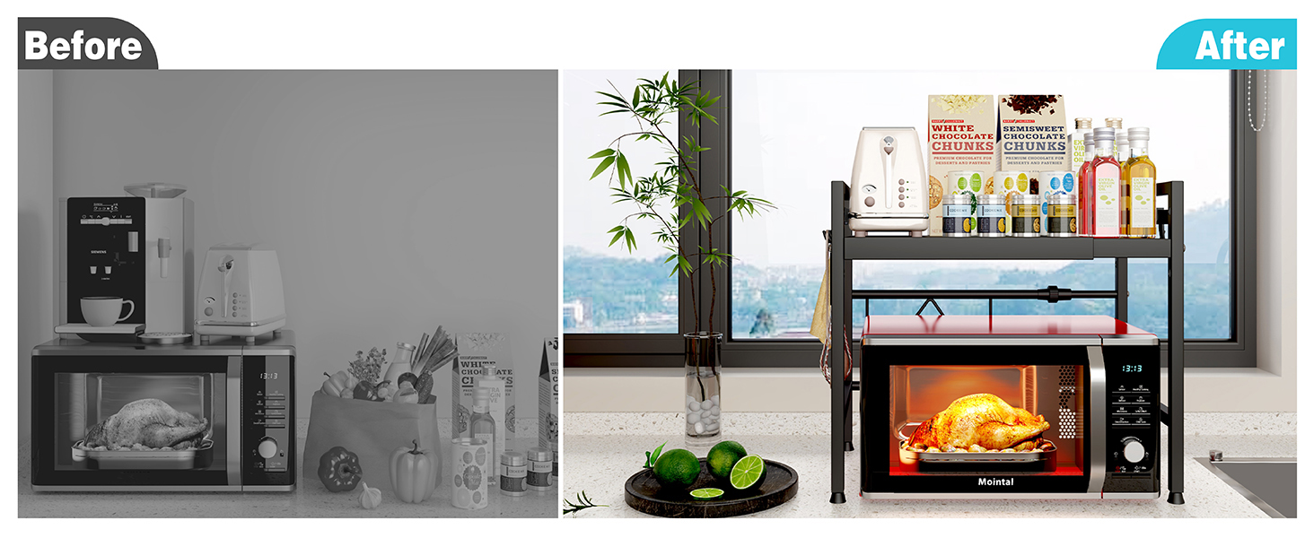 Регульована полиця для мікрохвильової печі, 2-рівнева, розширювана, металева, з 8 гачками, чорна