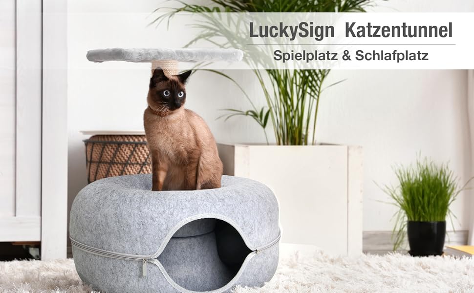 Lucky Sign – Котяча печера-тунель з фетру, багатофункціональне ліжко для котів, диван-іграшка, затишний кошик та подушка для кішки, 50x50x20 см, темно-сірий