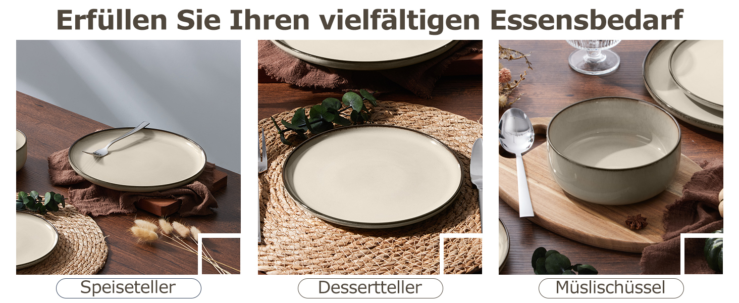 Набір посуду Onader для 6 осіб (18 предметів), керамічний сервіз, 6 тарілок для їжі, десертних тарілок, мисок для каші, стійкий до миття в посудомийній машині та подряпин (Karst Khaki)