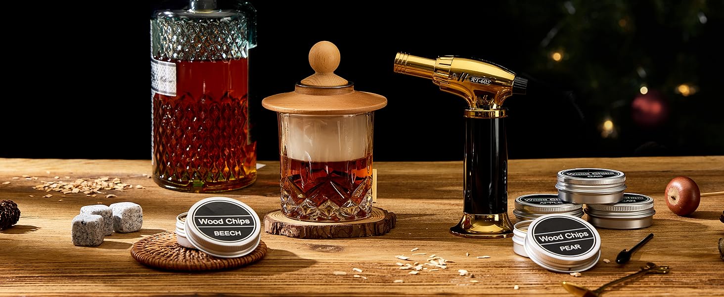 Набір для копчення коктейлів та віскі – 6 видів деревини, ліхтарик, генератор диму – без бутану (продається окремо), класичний набір