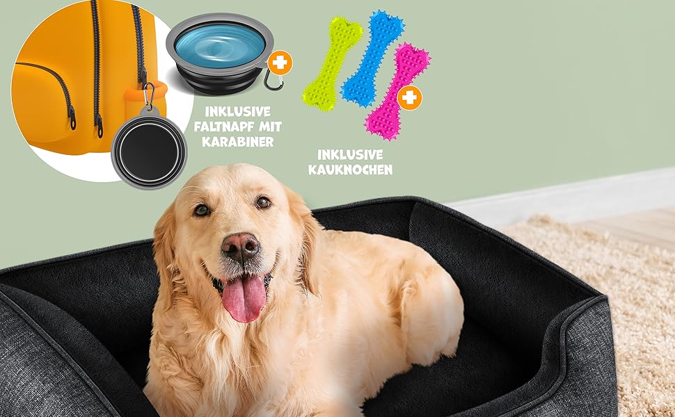 Ліжко-лежак для собак Lovpet®, антрацит, з мискою та 3 жувальними кістками, для малих, середніх і великих порід, знімний і праний чохол, 90x75x25 см