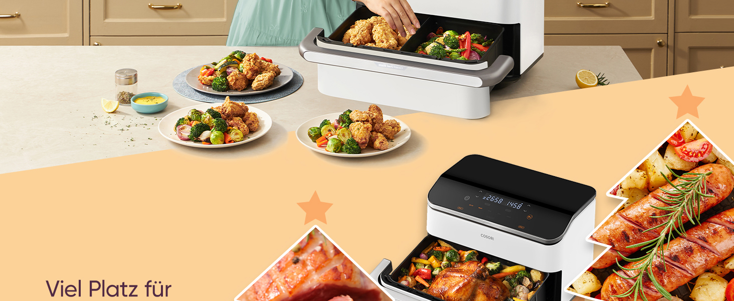 Фритюрниця COSORI Dual Blaze TwinFry 10L з 2 камерами, 4 нагрівальними елементами та регулюванням температури до 240°C (кремово-білий)