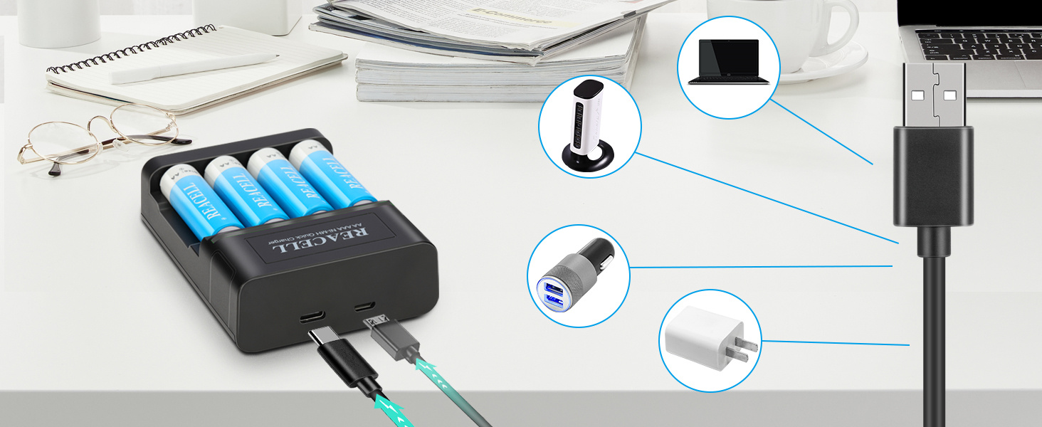 Зарядний пристрій для акумуляторів AA/AAA NiMH, LED дисплей, USB Type-C та Micro USB, швидка зарядка