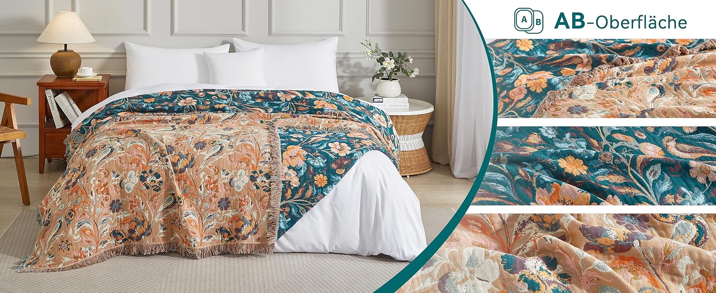 Богемна ковдра Boho 150x200 см з 100% бавовни, двостороння муслінова ковдра, плед для дивану та ліжка, patchwork, літня ковдра для вітальні, зелено-бежева (230x250 см, квіти та птахи)