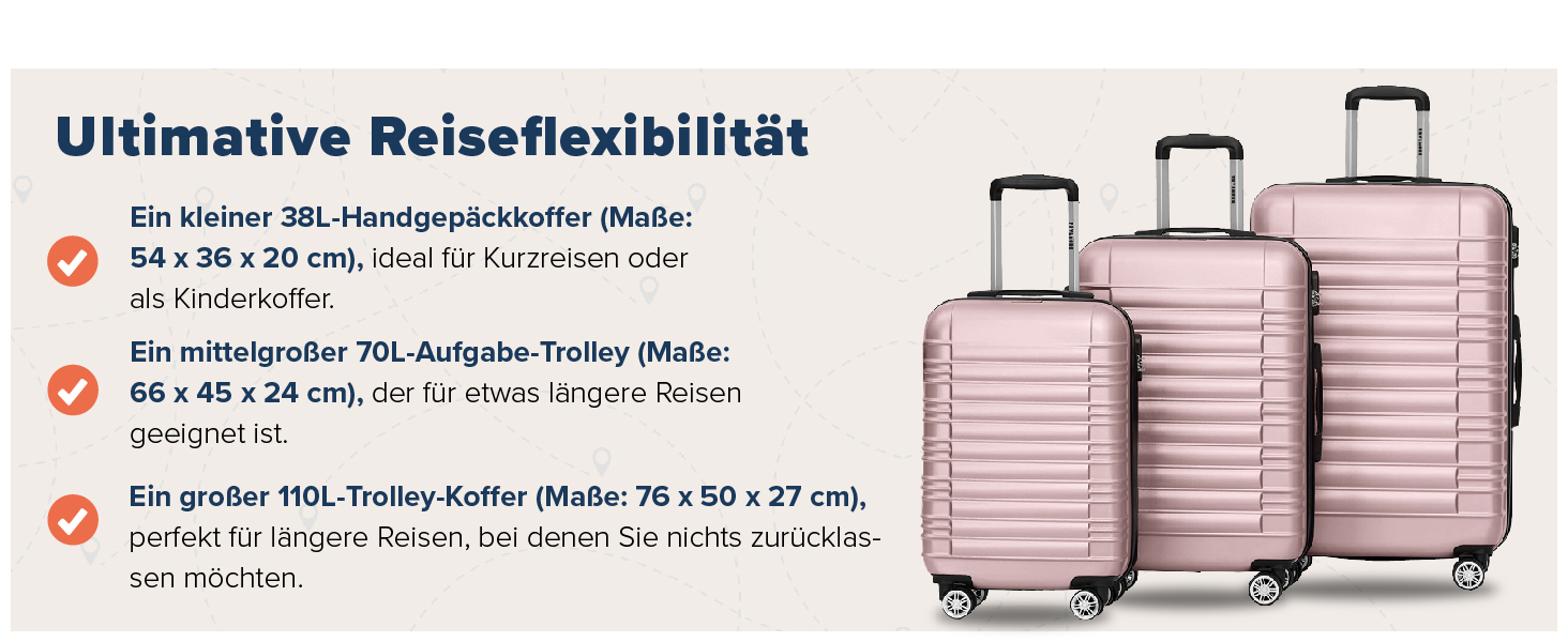 Набір валіз TRVLMORE 3 в 1: маленька, середня, велика, сірий колір, з рожевим золотом, з жорсткою оболонкою, 55x40x20 см (ручна поклажа)