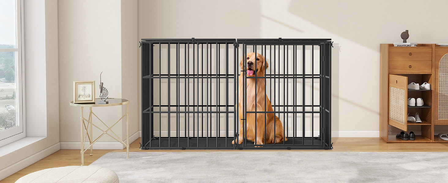 Міцний собачий переносний клітка Pawaboo 56 дюймів: надійний, анти-гризун, з килимком, металевий вольєр для собак з замком, чорний