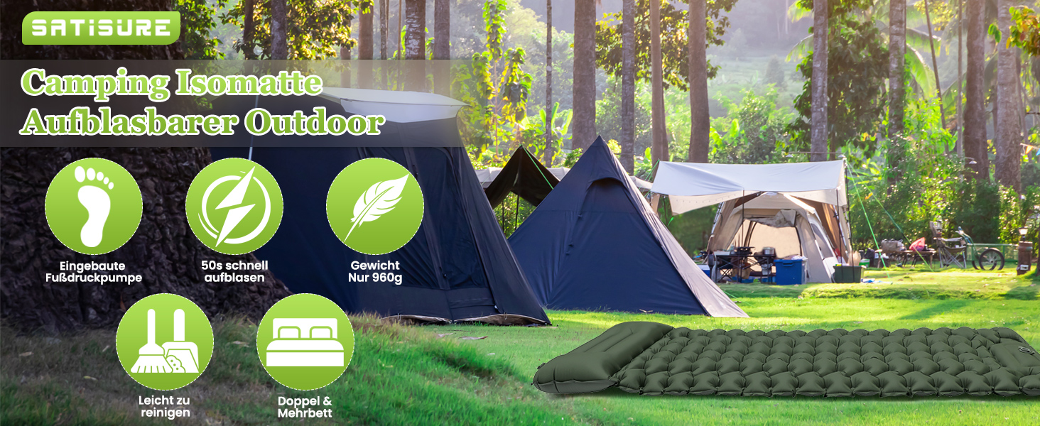 Каремат Satisure для кемпінгу надувний з насосом, водонепроникний, ультралегкий, зелений - для туризму, відпочинку на природі