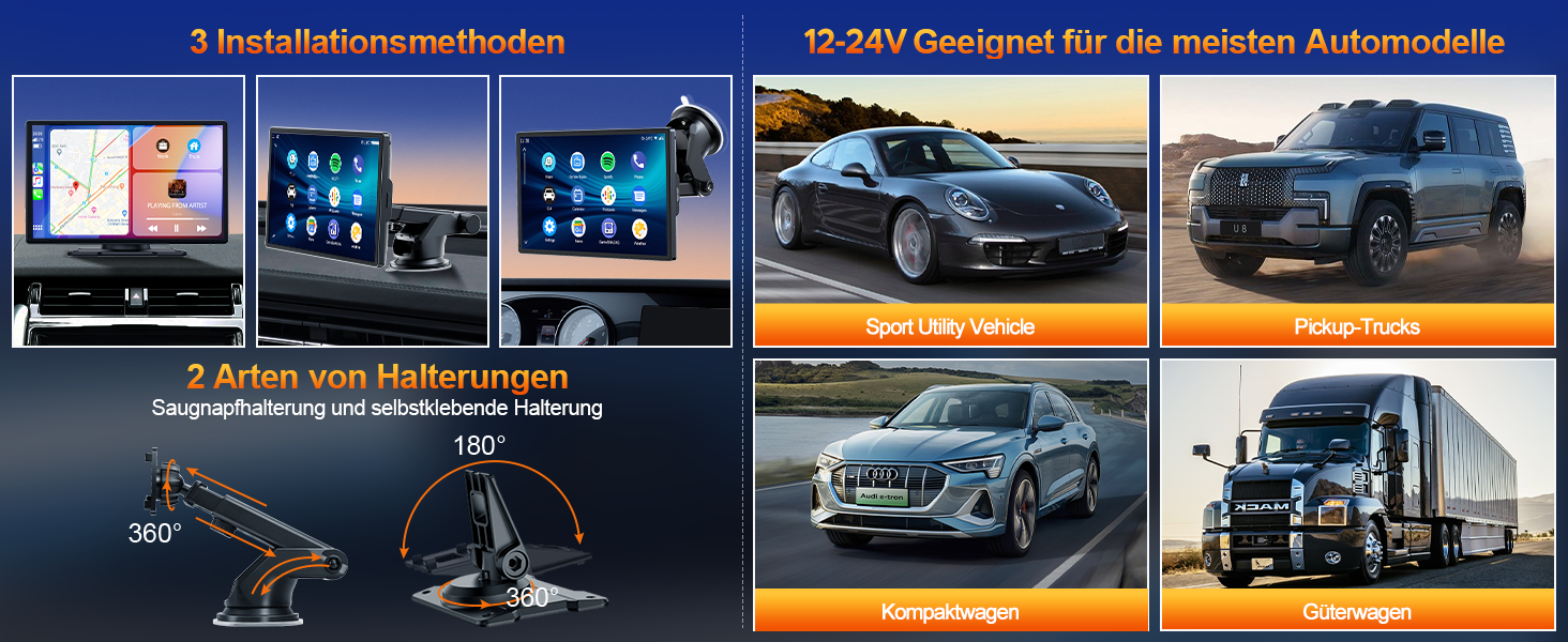 Volam автомобільна магнітола з 9'' IPS, бездротовий CarPlay та Android Auto, Bluetooth 5.0, FM, AUX, підтримка Siri та Google, портативний дисплей