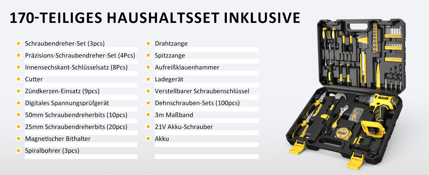 Набір інструментів Sundpey 170 предметів з акумуляторним дрилем-шуруповертом 21V, універсальний для дому, будівельні та ремонтні роботи