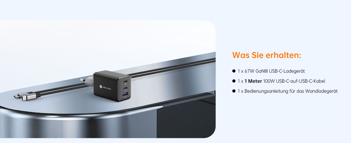 Зарядний пристрій USB-C 67W NOVOO GaN III з 3 портами, швидка зарядка для MacBook, iPad, Pixel, Samsung, iPhone, Steam Deck - Чорний