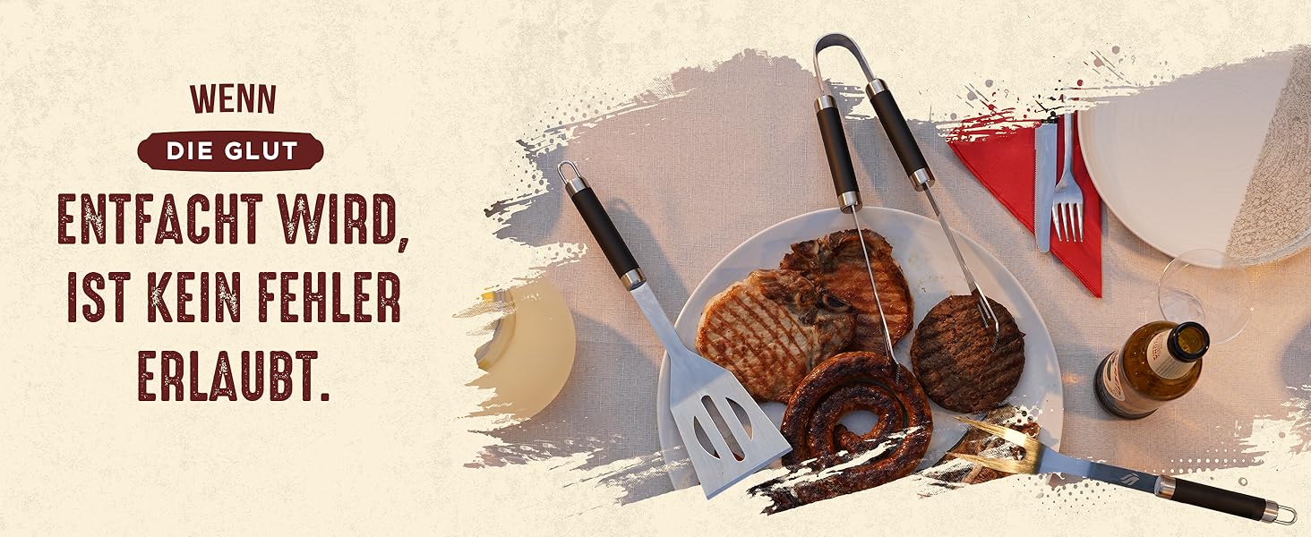 HORUS 23 Набір аксесуарів для гриля – 4 предметний набір: щипці, лопатка, виделка та термостійкий рукавичка