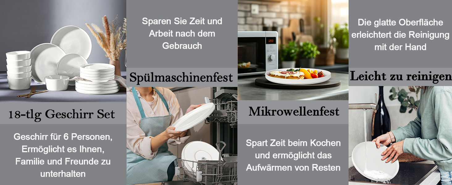 Набір посуду Homikit на 6 осіб: тарілки, миски, десертні тарілки, тарілки для їжі, з реактивною глазур’ю, кераміка, безпечний у мікрохвильовці та посудомийній машині, білий, 18 шт.