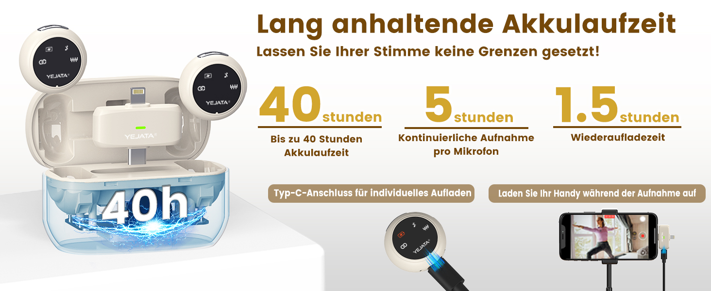 Мікрофон 2-в-1 для iPhone та Android з шумозаглушенням, кейс на 40 годин, магнітна застібка та кріплення для інтерв'ю, 25 метрів (Бежевий)