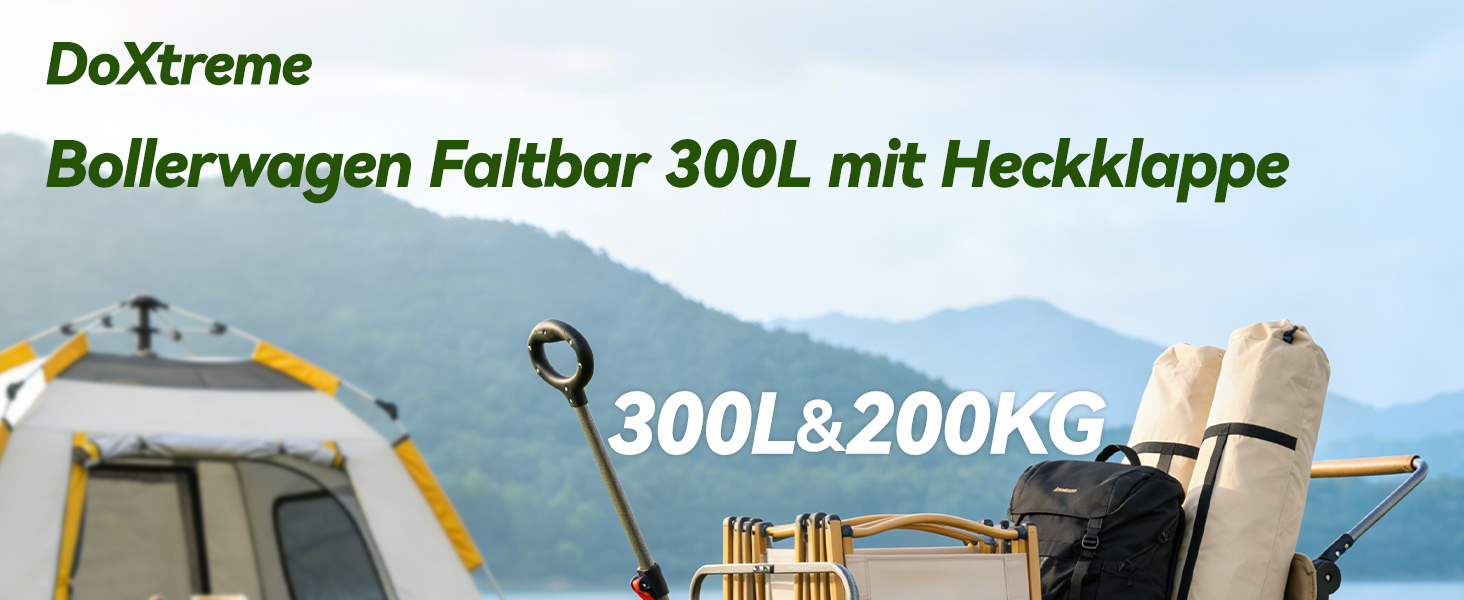Універсальний складаний візок Bollerwagen 300L (до 200 кг) для пляжу, кемпінгу, транспорту, собак. З захистом від дощу, тримачем для напоїв та світловідбиваючими смугами