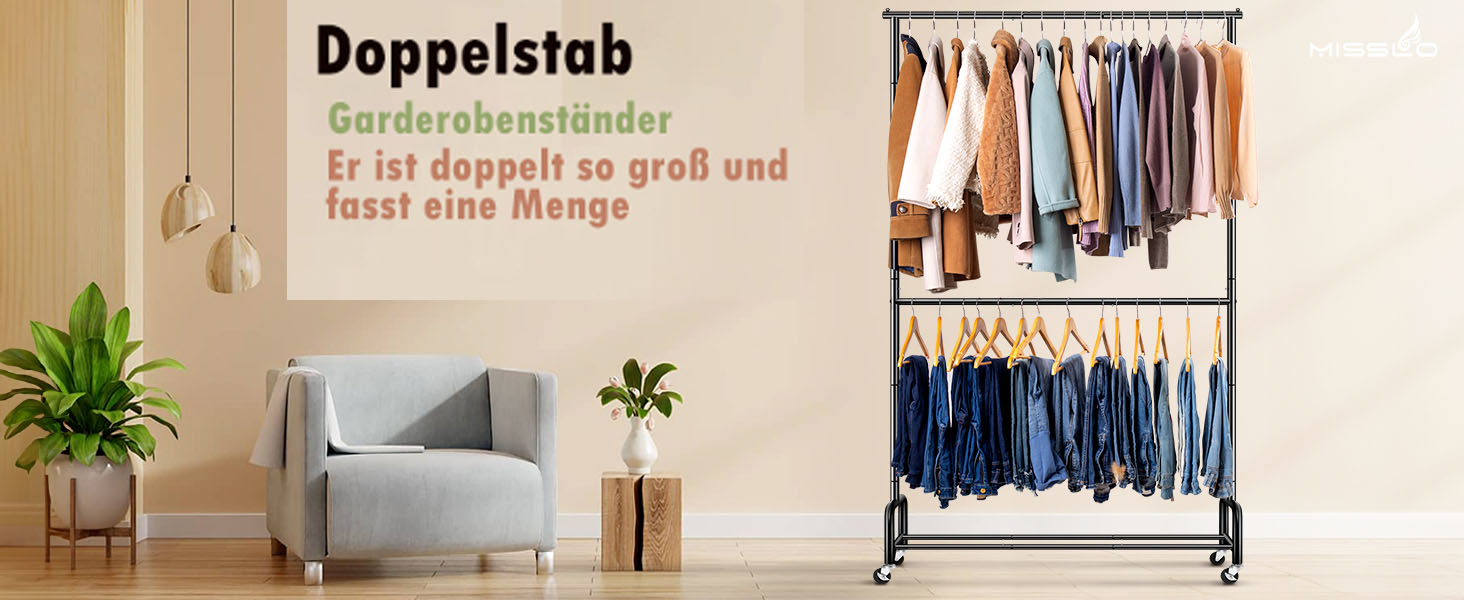 Міссло важкий одяговий вішак на колесах з подвійною перекладиною, металевий, мобільний, для зберігання одягу, чорний, регульований