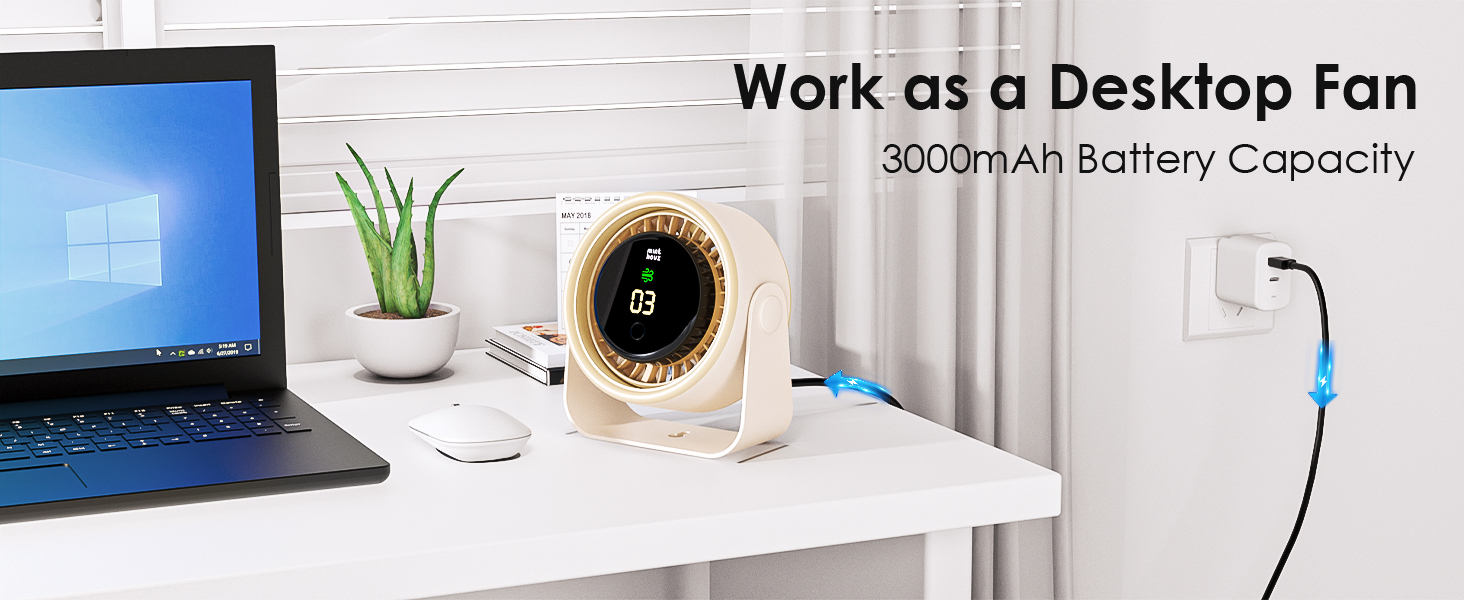 USB вентилятор Minthouz 3000mAh з LED-дисплеєм, 4 швидкості, поворотний, для офісу, спальні, на вулицю