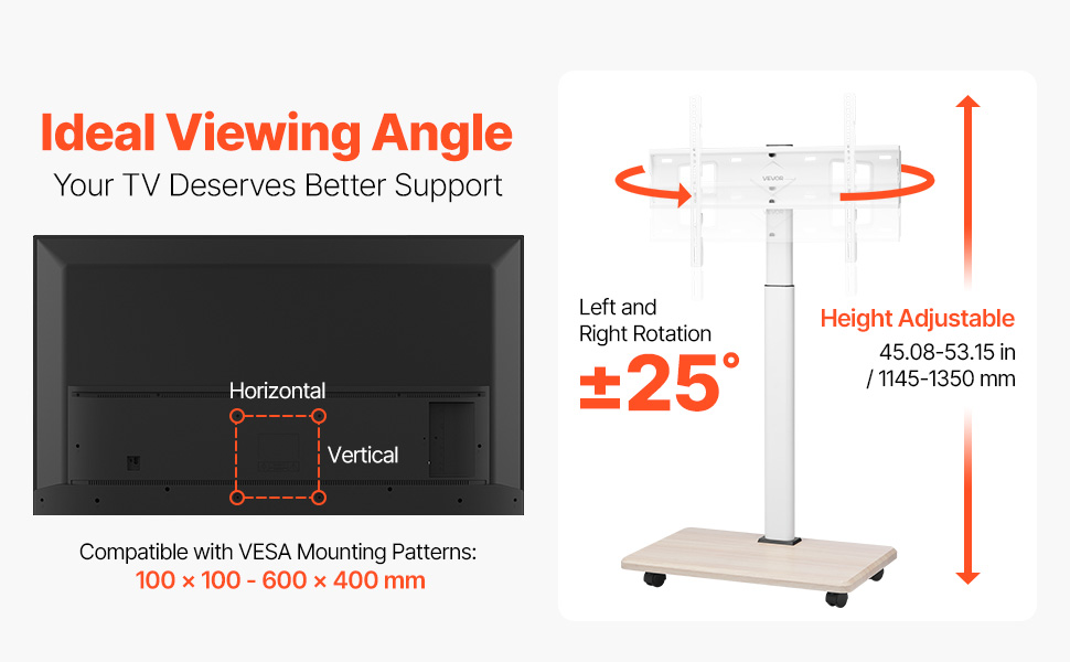 Підставка для телевізора VEVOR на колесах, телевізійна візок для телевізорів 81-178 см (812,8-1778 мм), до 45 кг, поворот 25° вліво/вправо, регульована по висоті, з полицею для кута спальні/вітальні (макс. 600 x 400 мм)