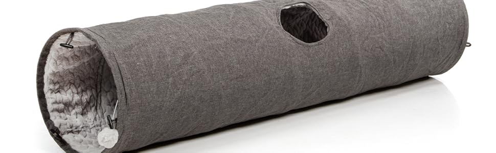Ігровий тунель для котів CanadianCat XXL, плюшевий, сірий, 35x150 см, з іграшкою