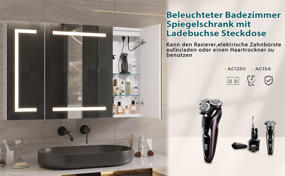 Дзеркальна шафа для ванної кімнати Dictac з LED-підсвічуванням та розеткою, 100x60x13.5 см, метал, полиці, 3 колірні температури, диммування, сенсорний вимикач, білий