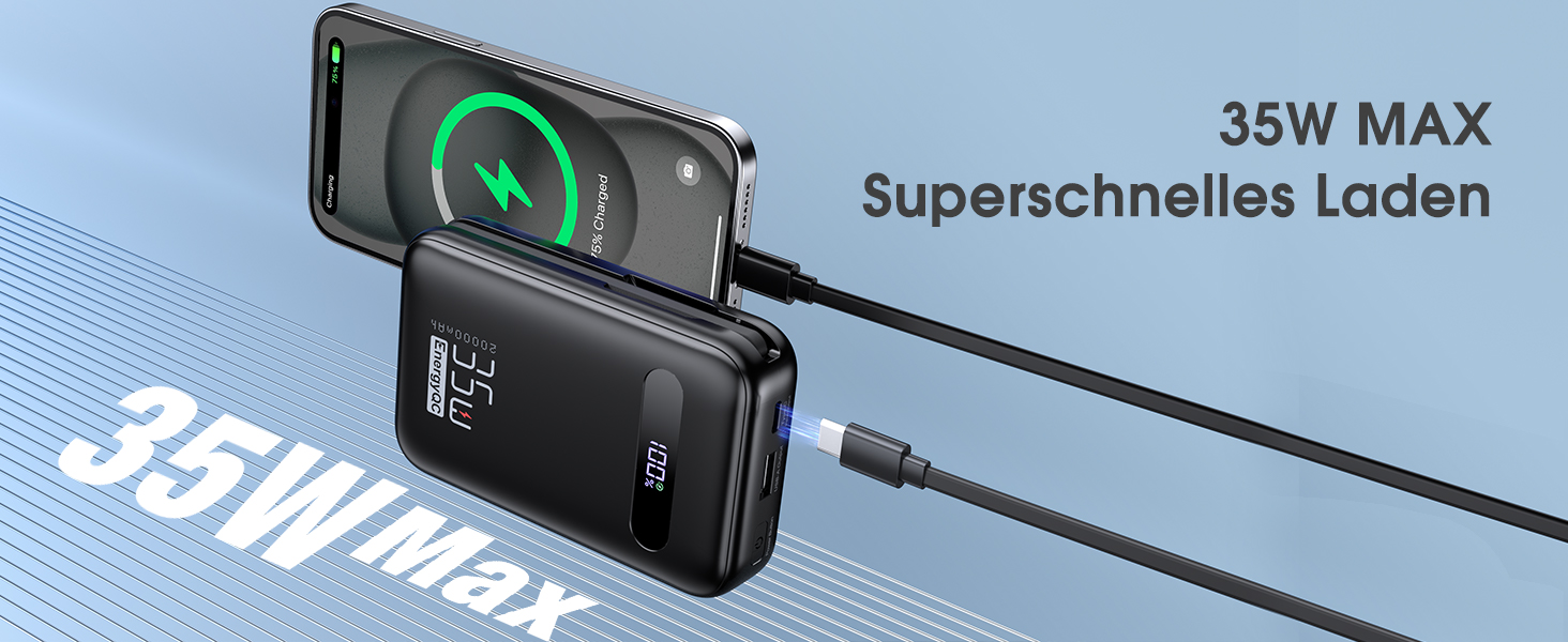 Powerbank 20000mAh з PD 35W, USB-C кабель, LED дисплеєм та 8 Pin кабелем. Чорний акумулятор для iPhone, iPad, Samsung Galaxy, Huawei та інших пристроїв