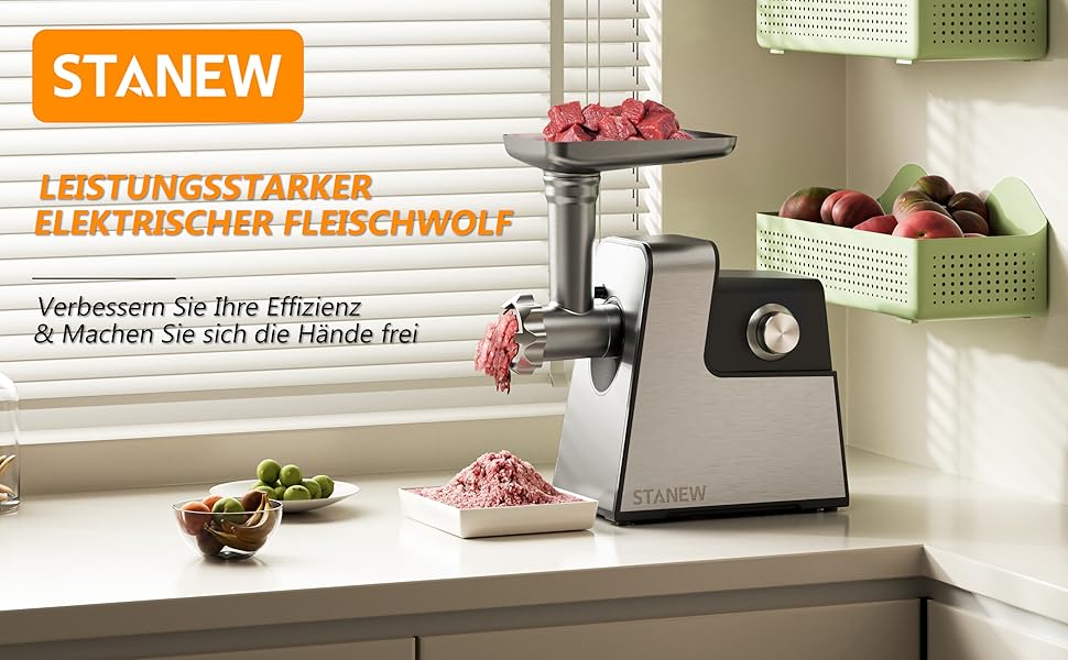 М'ясорубка електрична STANEW 4-в-1, 3500 Вт, 3 диски з нержавіючої сталі (4/8 мм, решітка), насадка для ковбас