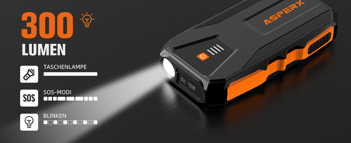 Powerbank Starthilfe AsperX 3000A: Зарядний пристрій для автомобіля 12V з кабелями, LED ліхтариком, IP64, для авто, вантажівок, мотоциклів