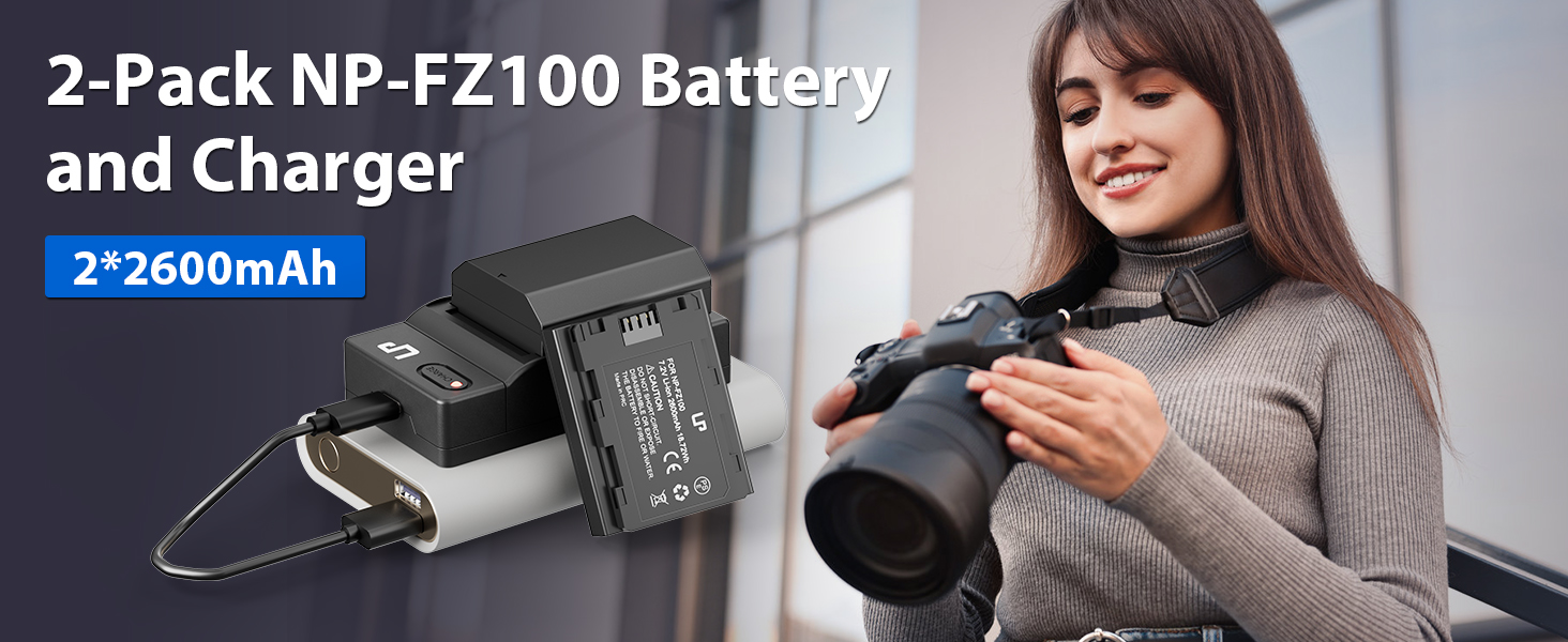 Зарядний пристрій LP NP-FZ100 з LCD-дисплеєм, Dual USB, сумісний з Sony A7iii, A7iv, A7C, A6700, A6600, ZV-E1, ZV-E10ii, FX3, FX30, A9, Alpha 9, Alpha 9S, A9S, A7R3 та A7R4 (2 батареї + AC зарядний пристрій)