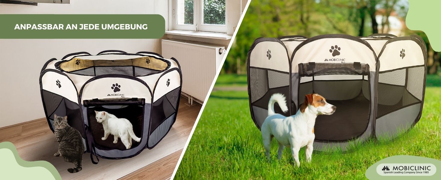 Mobiclinic® Pets: Вольєр для цуценят, розкладний, 114x114x58 см, Scooby, 2 входи, 8 вікон, сірий