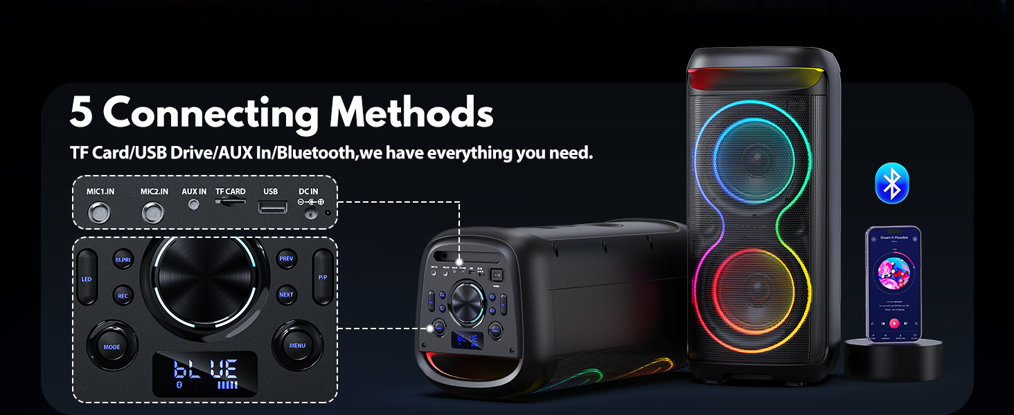 Караоке машина HWWR T20 з 2 мікрофонами, Bluetooth, RGB-підсвічуванням, TF/USB, AUX, Rec. Партійна колонка для дому та вечірок. Підтримка TWS.