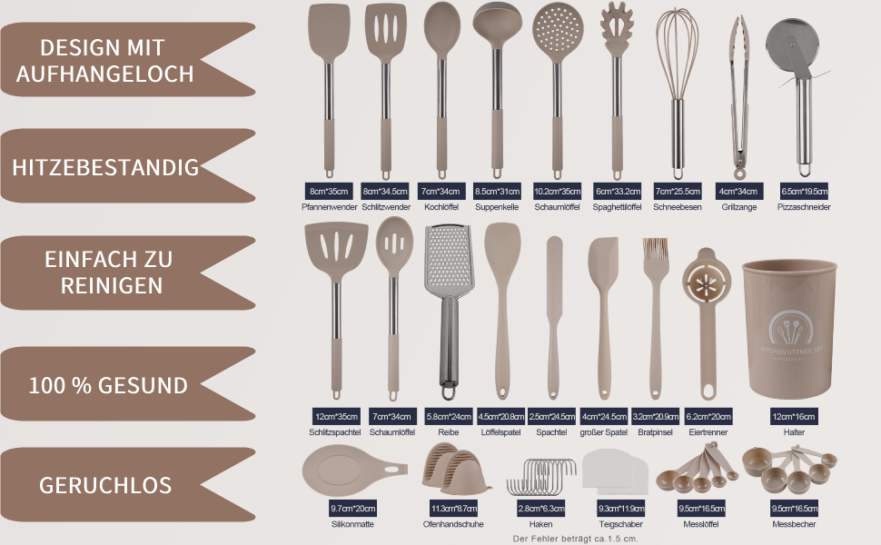 Набір кухонних помічників Silikon, 45 предметів: лопатки, ложки, пензлі та аксесуари для кухні з тримачем та S-гачками, термостійкий, придатний для миття в посудомийній машині, хакі