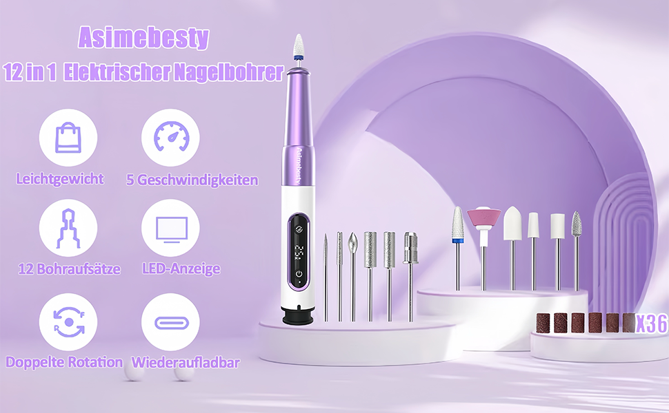 Електричний фрезер для нігтів для гелю, 12 в 1, бездротовий, 25000 об/хв, USB, 5 швидкостей, манікюр/педикюр