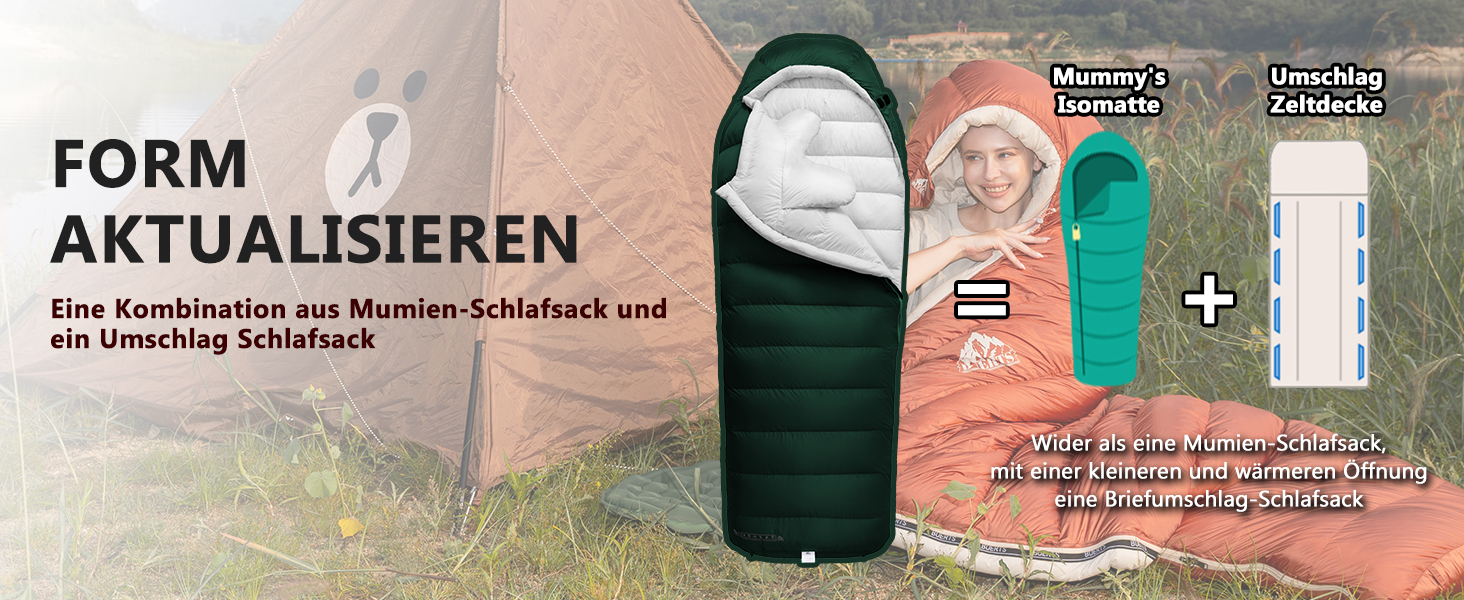 Пуховий спальний мішок для дорослих, преміум-якість 680FP, зимовий для кемпінгу та подорожей, з компресійним мішком. -10°C, сірий (-4°C, зелений)