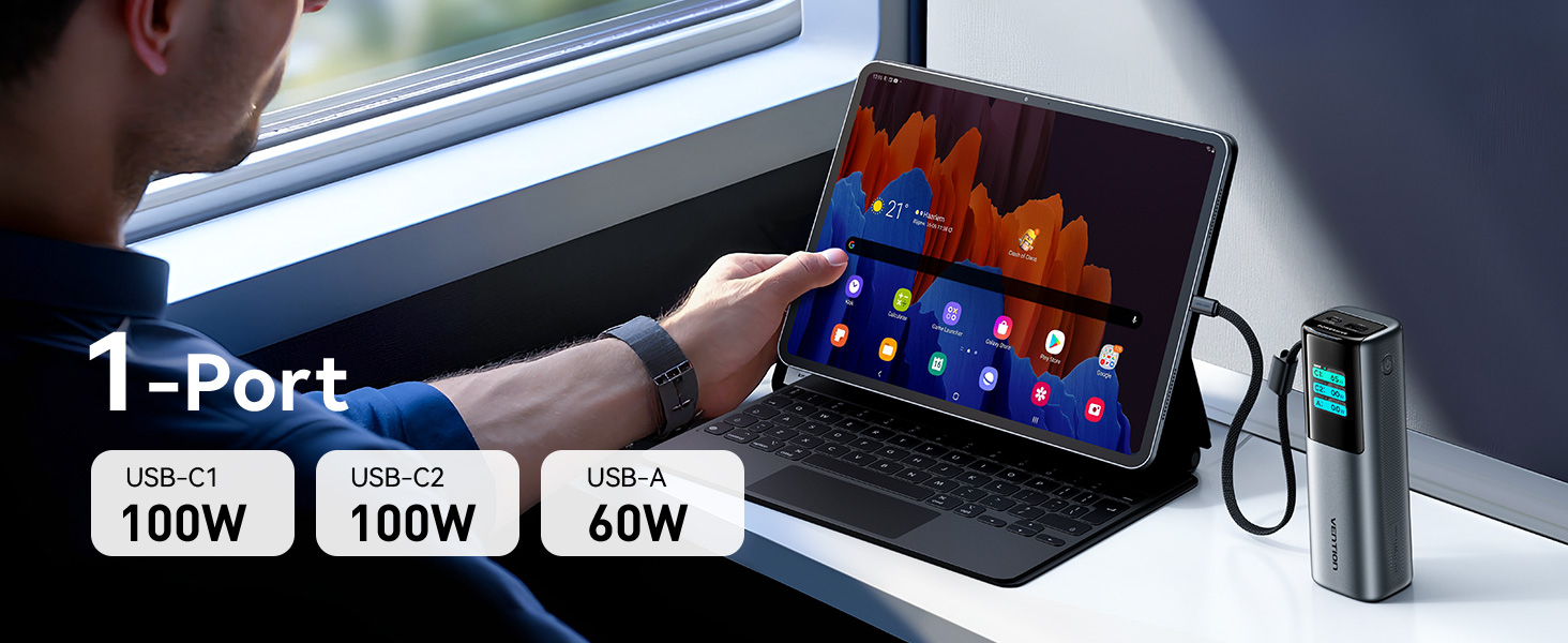 Power Bank VENTION 20000mAh 165W з дисплеєм та Emoji, інтегрований кабель USB-C, 2×100W USB-C + USB-A. Сумісний з MacBook Pro, iPad, Dell/HP, iPhone, Galaxy