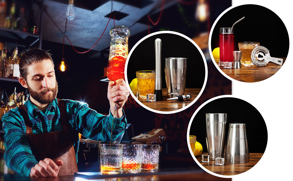 Набір для коктейлів Boston Cocktail Shaker Set 16 предметів з нержавіючої сталі, професійний, 600/450 мл, з аксесуарами, бамбуковий підставник, подарунковий набір