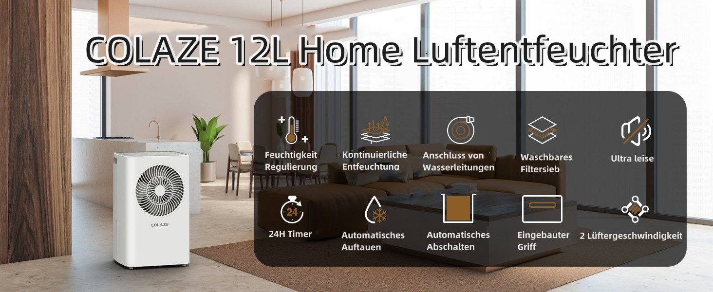 COLAZE 12L/24h Dehumidifier - Electric Dehumidifier Suitable for Room Sizes 120m³ (30m²) - Dehumidifier with Automatic Defrost & Water Level Warning - Room Dehumidifier Under 36dB for Apartment, Basement