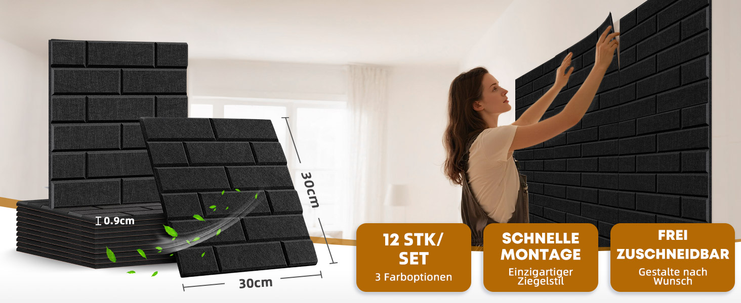 Акустичні панелі Jamelo 3D цегла, самоклеючі панелі для звукоізоляції та декору стін (30x30x0,9 см, чорні, 12 шт.) для студії, спальні та офісу